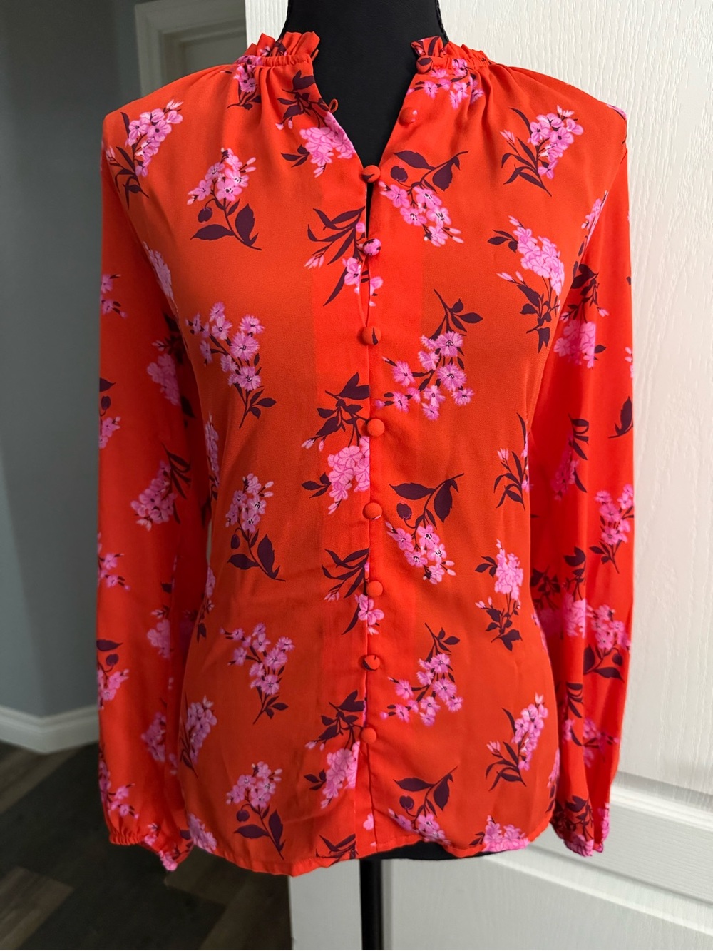 Ann Taylor Red Button-Front Floral Ruffle-Neck Blouse